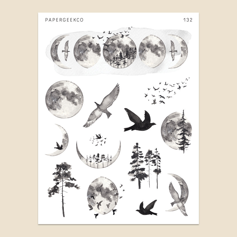 Monochrome Moon Phase Stickers 132 - PapergeekCo