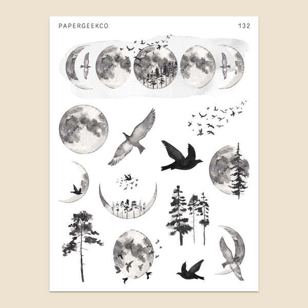 Monochrome Moon Phase Stickers 132 - PapergeekCo
