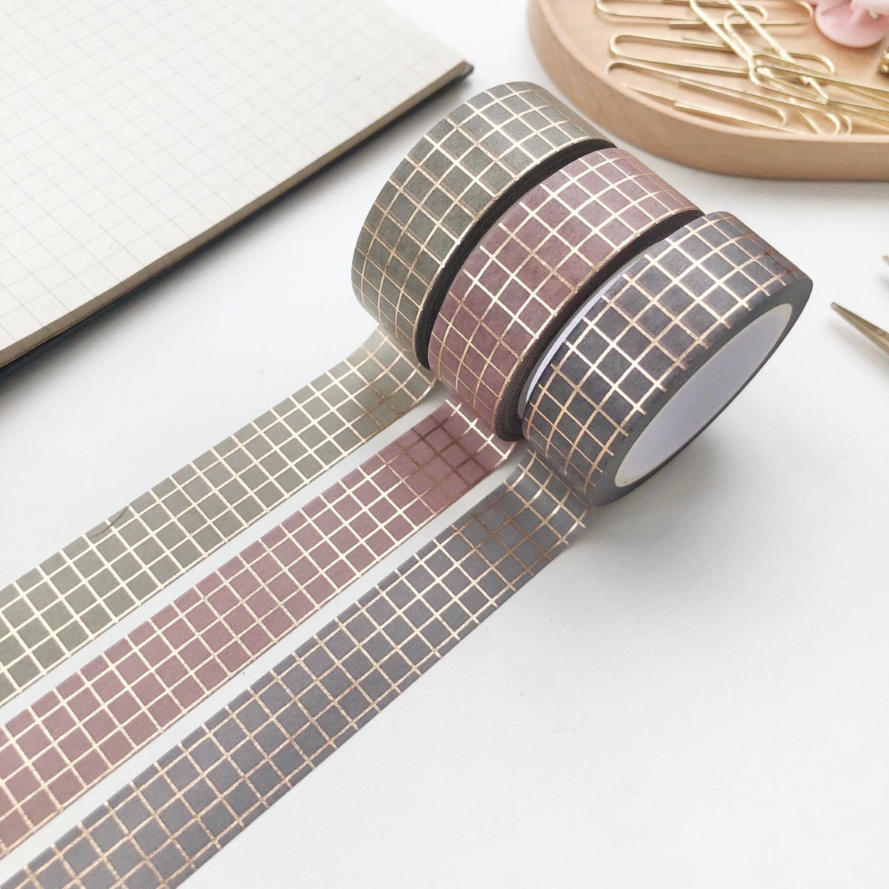 Neutral Grid Washi Tape w Rose Gold foil SEP Release – PapergeekCo